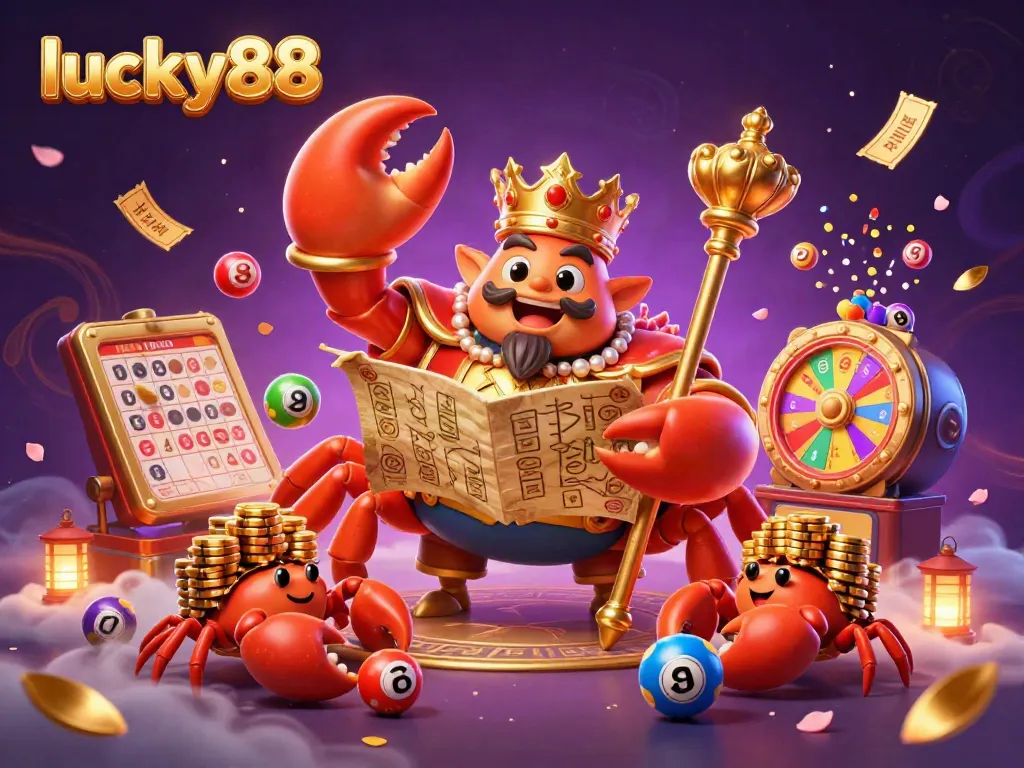 Win big with lucky88 at a vibrant casino scene featuring a golden crab emperor and magical elements.