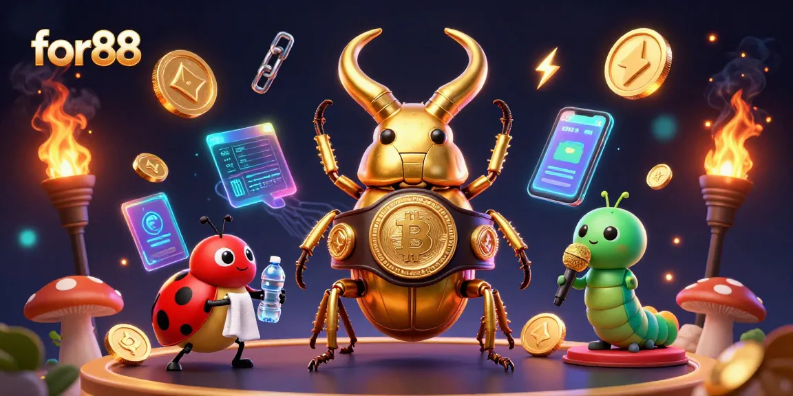 Bet on exciting games with for88, featuring dynamic 3D illustrations of golden beetles and crypto elements.