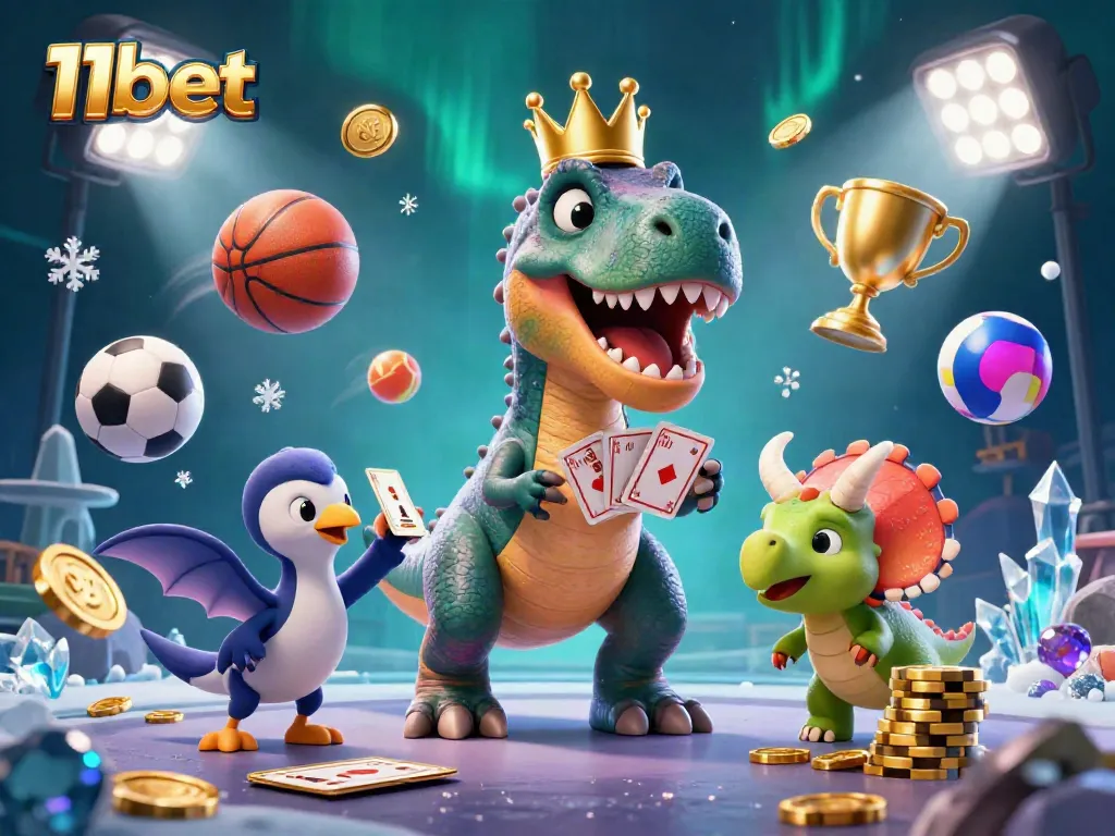 Experience thrilling casino action with T-Rex playing cards and 11bet elements in this vibrant illustration.