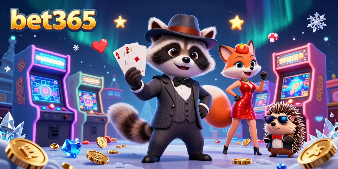 Experience the excitement of bet365 with a cartoon raccoon showcasing a royal flush in a colorful casino setting.