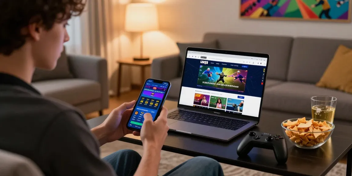 Individual enjoying LUCK8 mobile betting in a modern living room with gaming atmosphere.