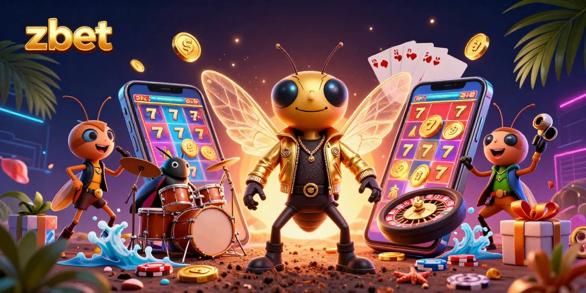 Engage with zbet by spinning vibrant slot games, featuring a lively cicada rock star and rich casino elements.