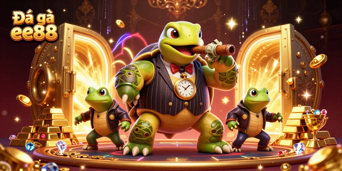 Experience the thrill of Đá gà ee88 with an ultra-detailed 3D illustration showcasing iconic characters and vibrant casino elements.