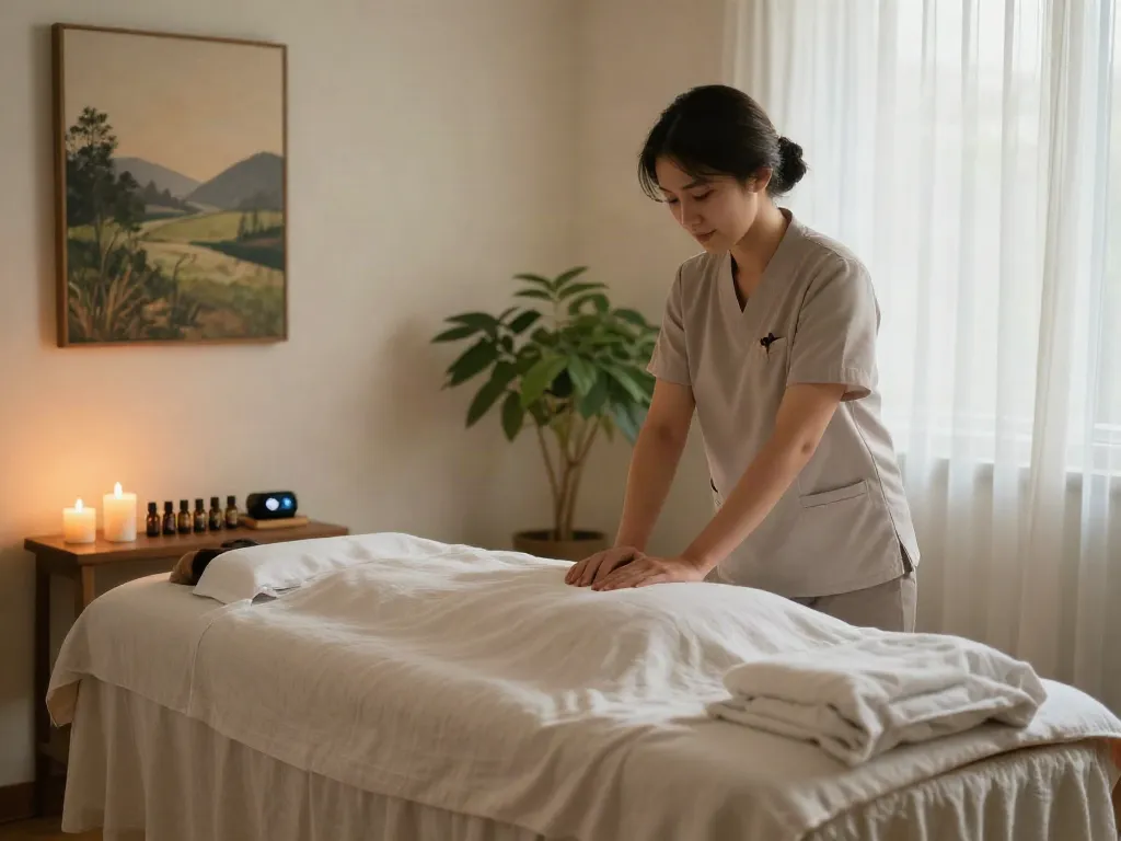 Relaxing massage environment featuring 양천구출장안마 services with therapist, candles, and calming decor.