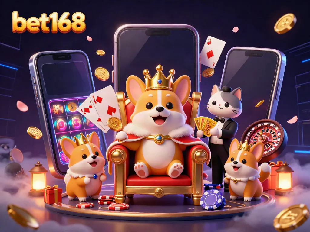 Bet168 showcasing a delightful royal corgi on a poker chip throne with casino-themed elements