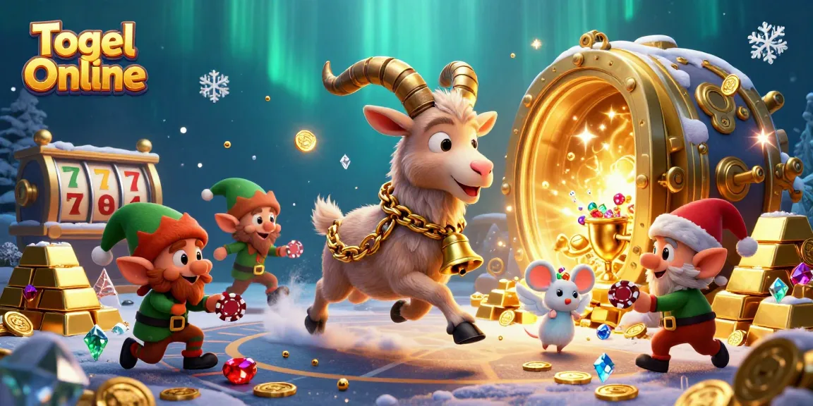 Togel Online offers excitement as players spin slots in a vibrant 3D casino scene with treasure, gremlins, and festive characters.
