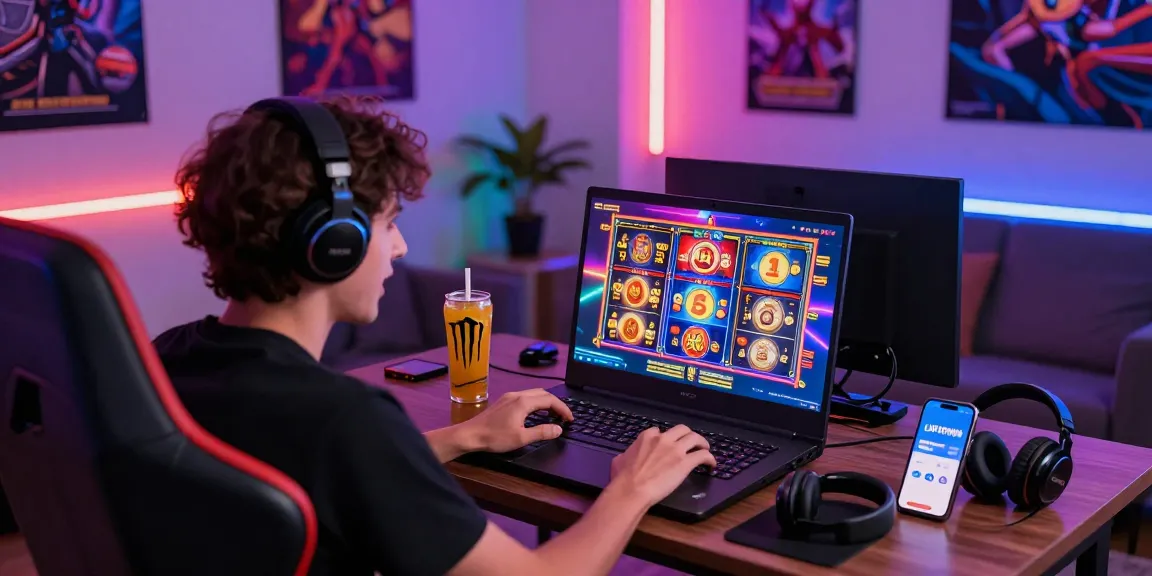 Engaging gaming scene of a player enjoying LAVOWIN daftar with colorful slot visuals and gaming accessories.