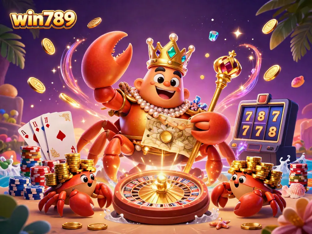 Engage with win789 in an ultra-detailed casino scene featuring a golden crab emperor, vibrant chips, and dynamic game elements.