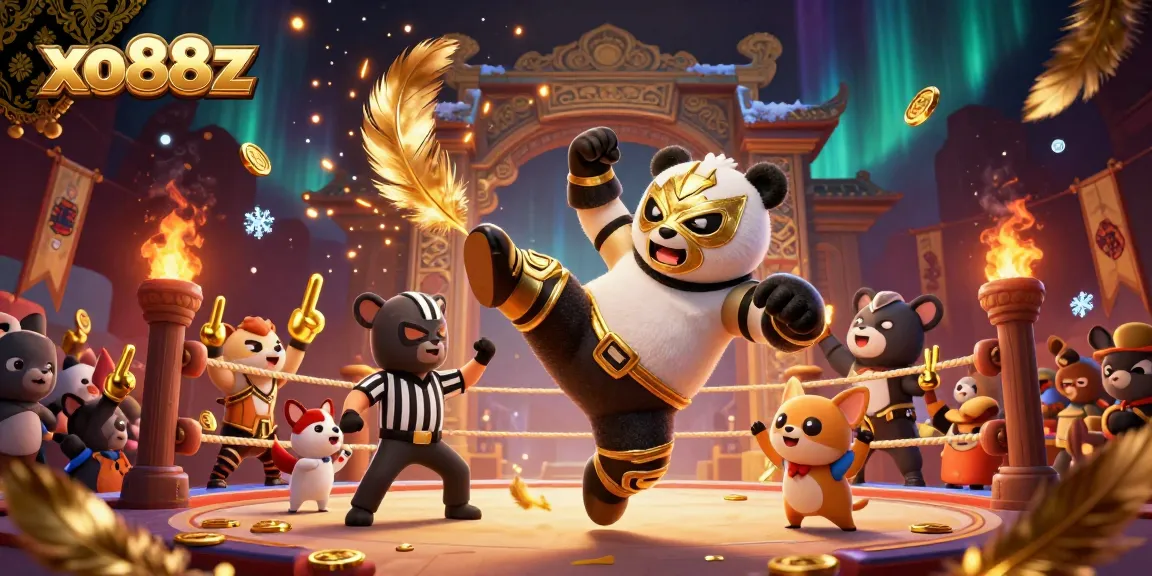 Experience the excitement at xo88z with a dynamic wrestling scene featuring a panda in a lucha libre mask.