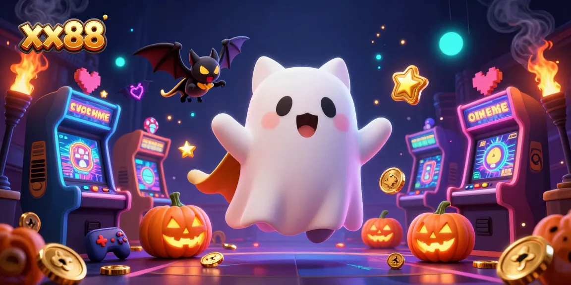 Play exciting games at xx88 with a friendly ghost cat and casino elements glowing around.