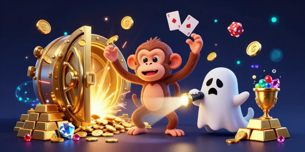 Experience the excitement of sin88tg at an animated haunted casino with playful characters and gold treasures.