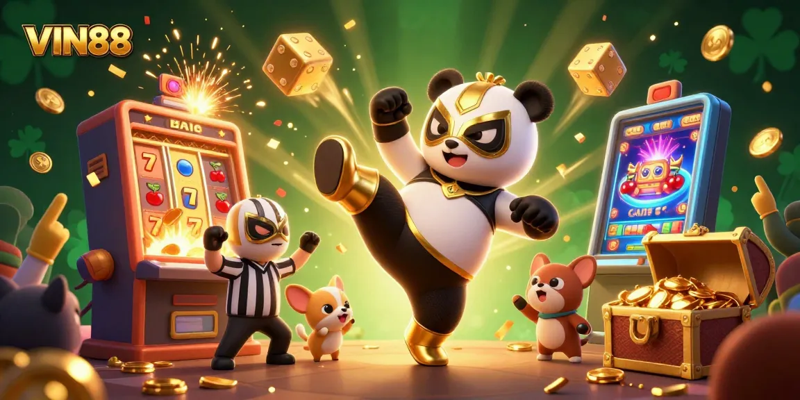 Engage with dynamic casino action at VIN88 featuring a panda wrestler in a golden mask.