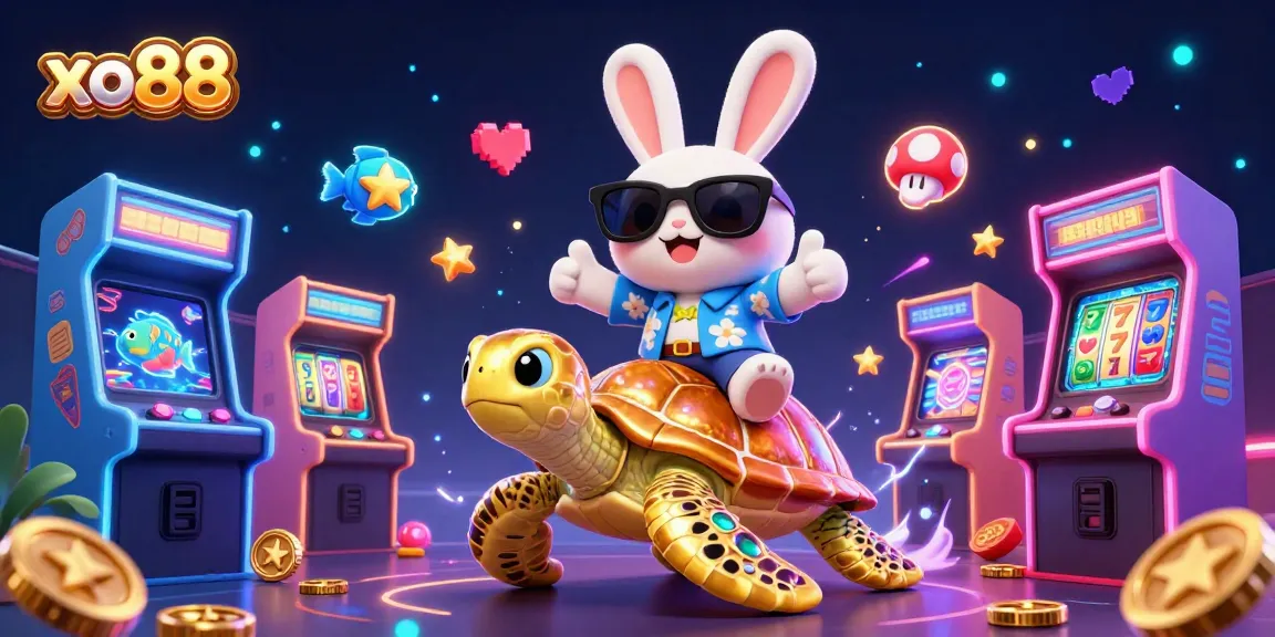 Experience the excitement with xo88's engaging 3D casino illustration featuring a lucky rabbit and golden turtle.