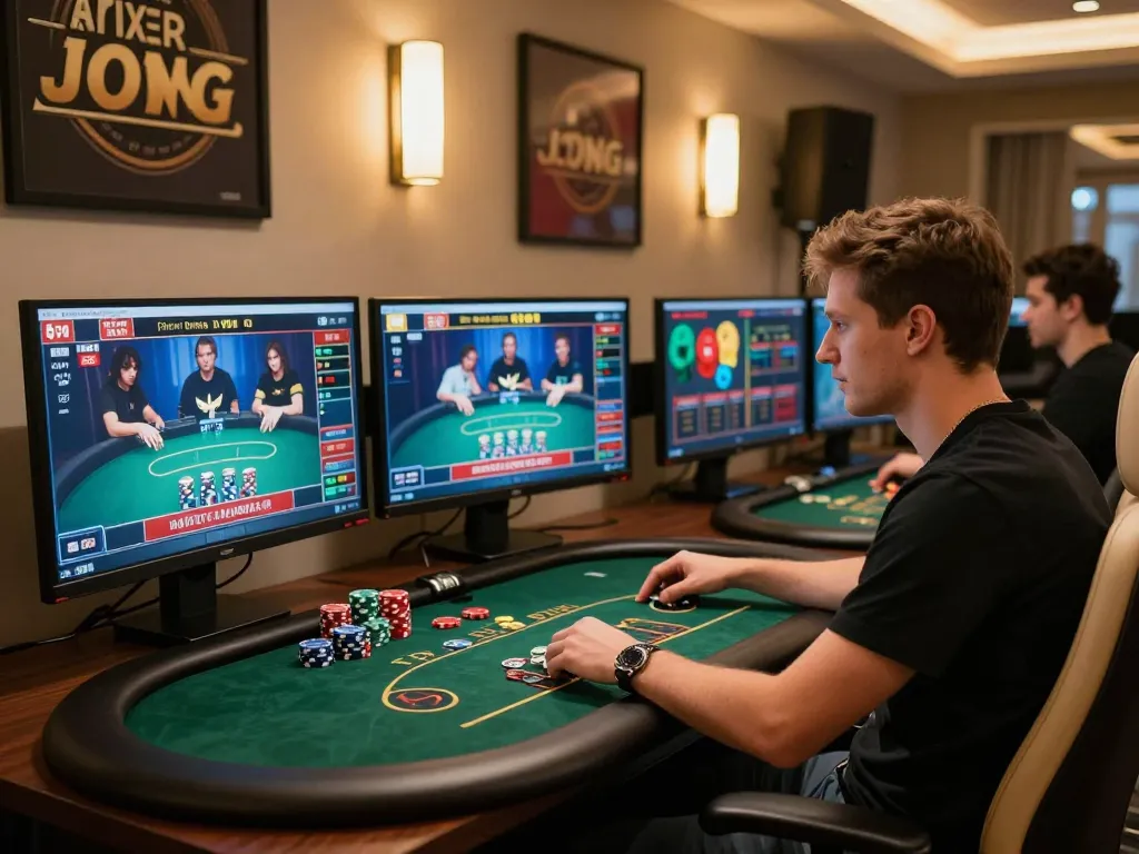 Engaged player using fabet interface in a professional online gaming setup, showcasing excitement.