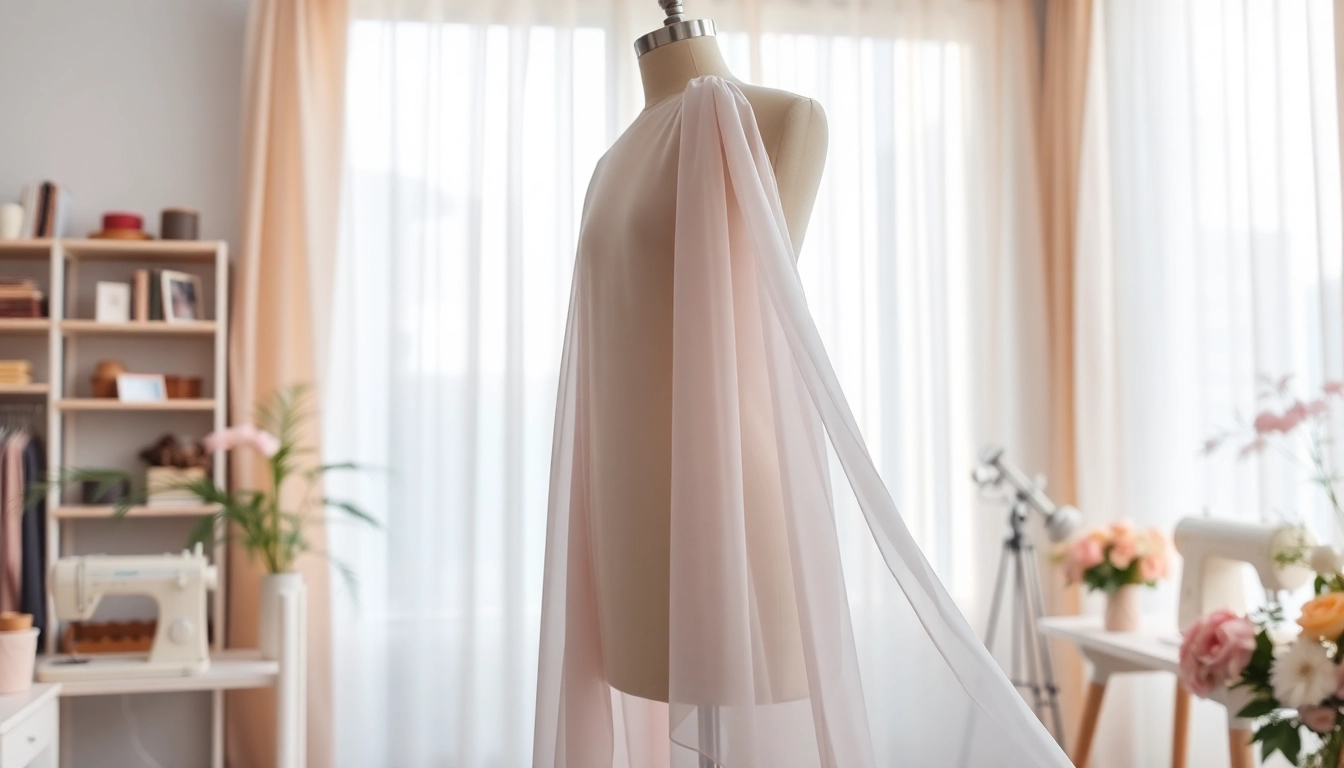 Chiffon fabric elegantly displayed on a mannequin in a warm, inviting boutique.