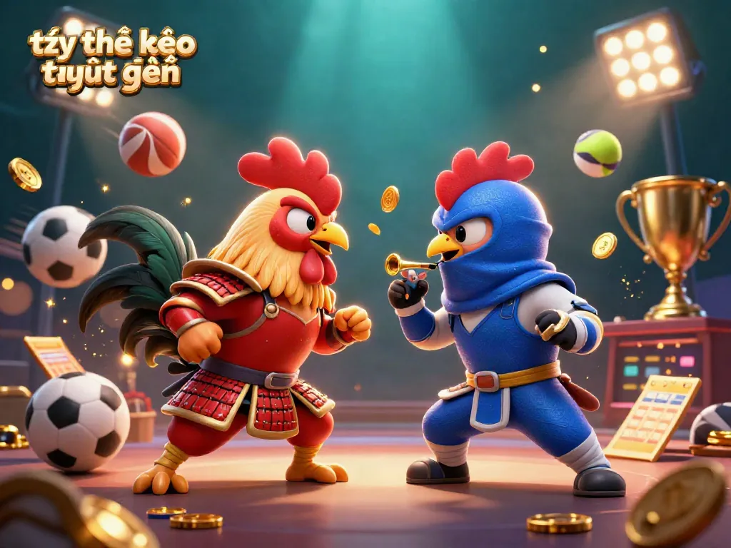 Engage with tỷ lệ kèo trực tuyến while witnessing a thrilling standoff between fighting roosters in a vibrant, action-packed scene.