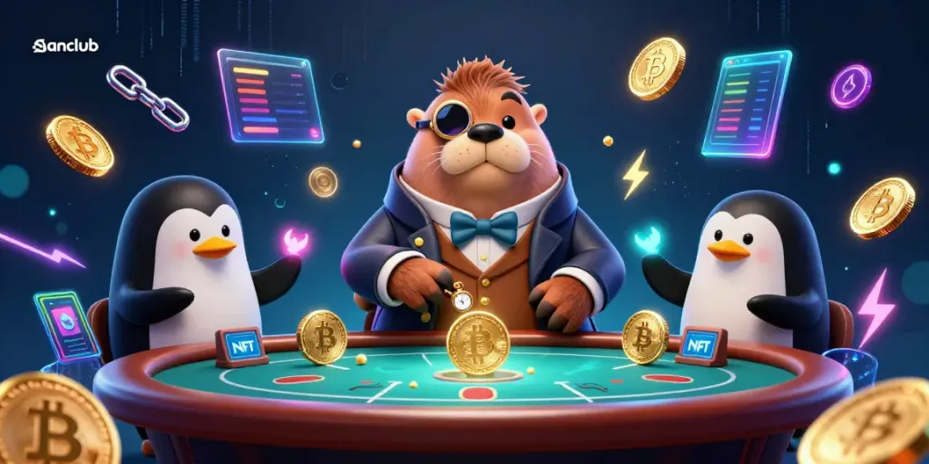 Experience thrilling poker action at Sanclub with a jolly walrus, stylish dealer, and intense gameplay.
