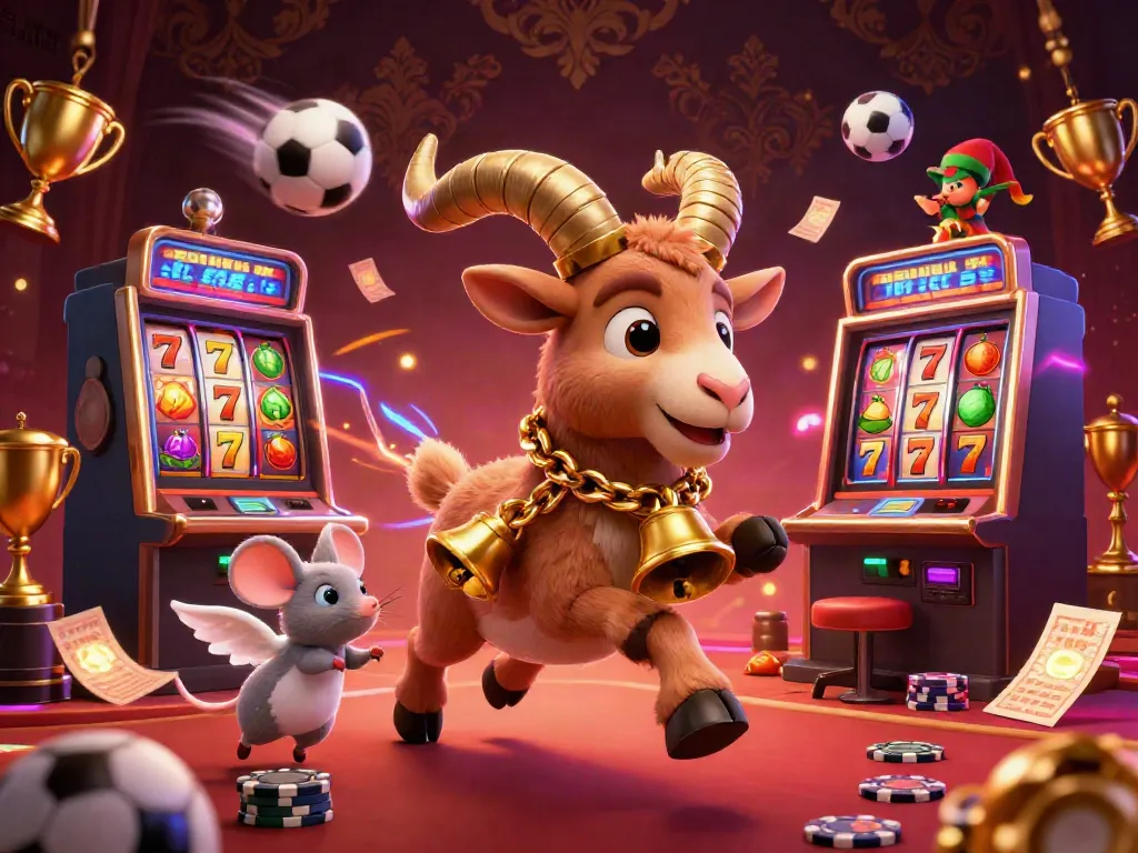 Situs slot gaming scene featuring a humorous Krampus goat, angel mouse, and elf gremlins amidst vibrant slot machines.