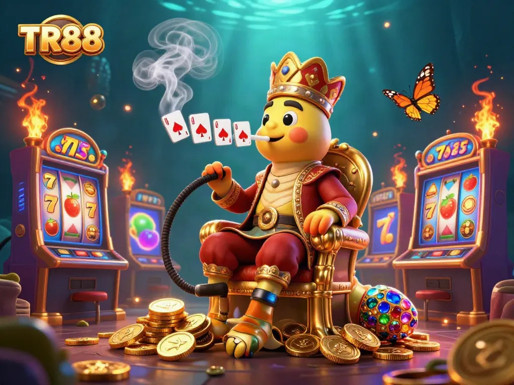 Experience TR88's exciting slot machine action with colorful characters and vibrant casino elements.