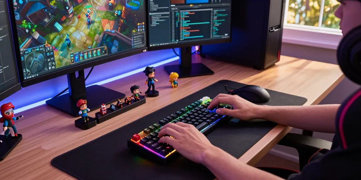 A gamer customizing a Hall Effect keyboard with magnetic switches and vibrant keycaps in a lit tech workspace.