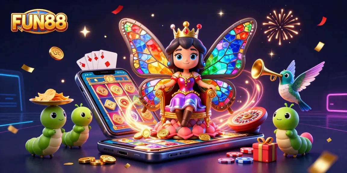 Experience FUN88 with a vibrant scene featuring a butterfly queen in a casino illustration.