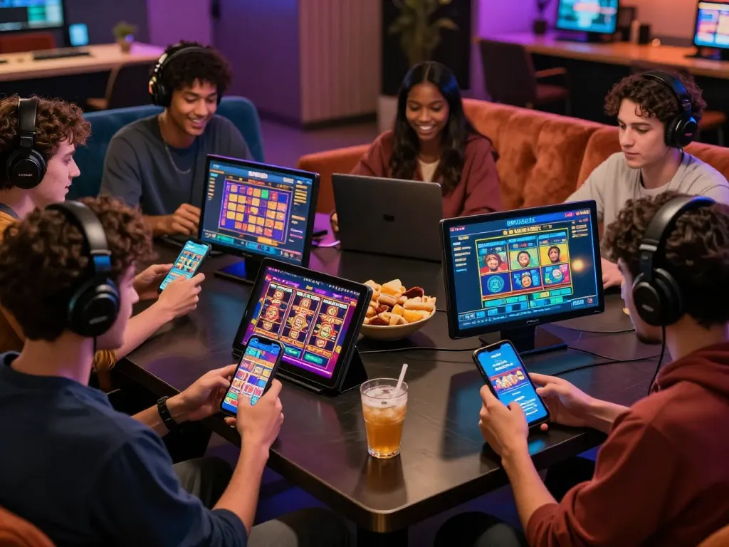 Exciting gaming experience at https://rr88c.mobi/ with friends enjoying diverse online casino games on modern devices.