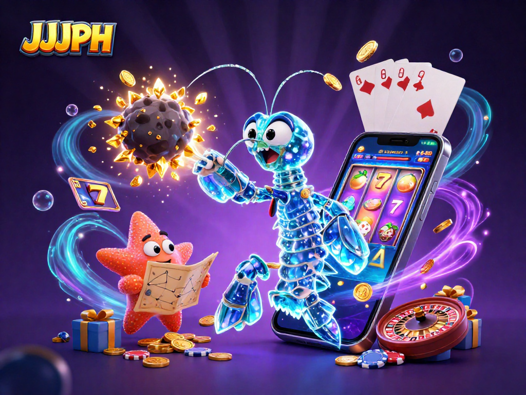 Engage with JJJPH's thrilling galactic casino scene featuring vibrant slot games and treasure-filled asteroids.
