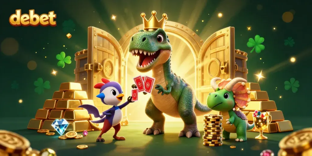 Engage with debet as a 3D friendly dinosaur character shuffles cards and stacks chips in a vibrant casino scene.