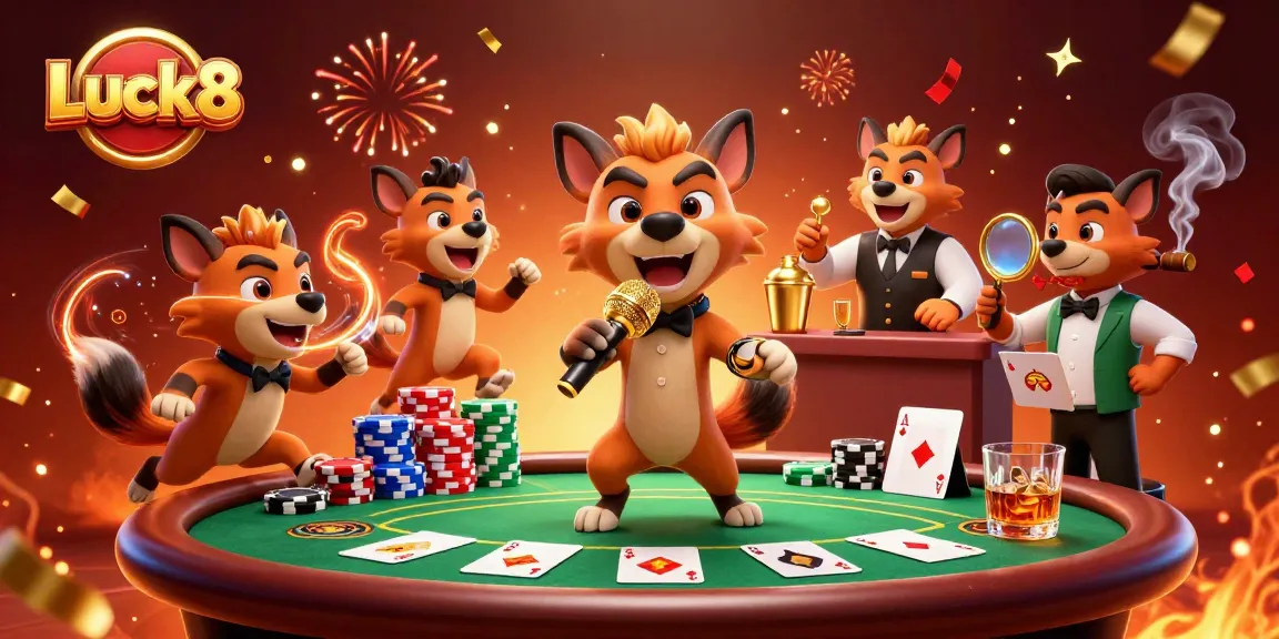 Luck8 hyenas create a vibrant casino atmosphere with poker tables and drinks