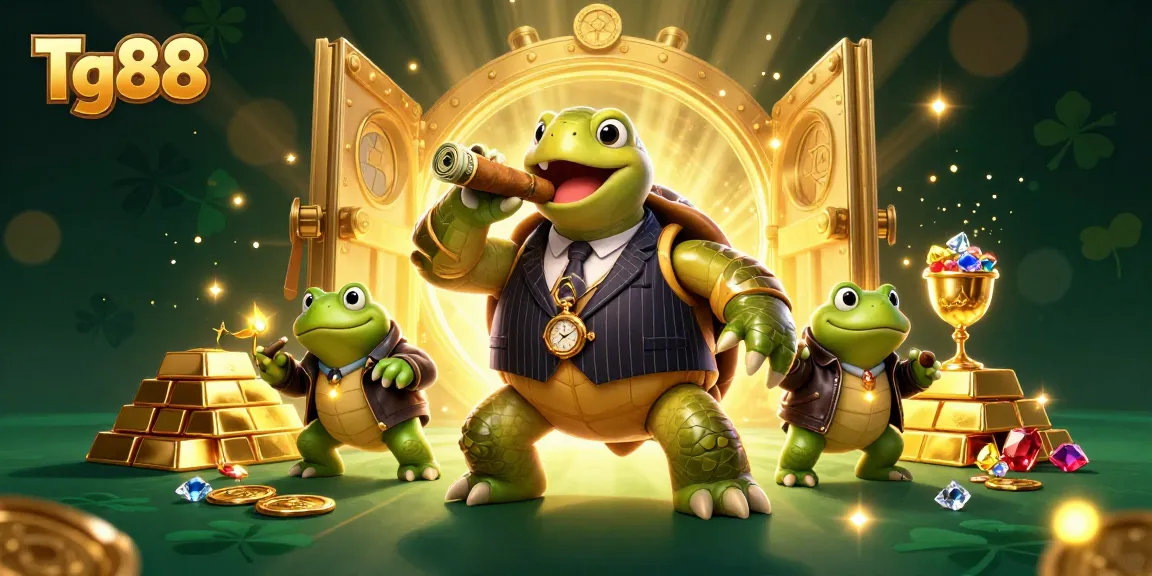 Tg88 casino adventure unfolds with a snapping turtle mobster and bullfrog enforcers amidst a treasure scene
