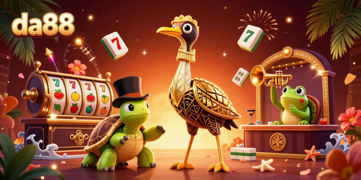 Engage with da88's colorful 3D casino illustration showcasing vibrant characters and dynamic game elements.
