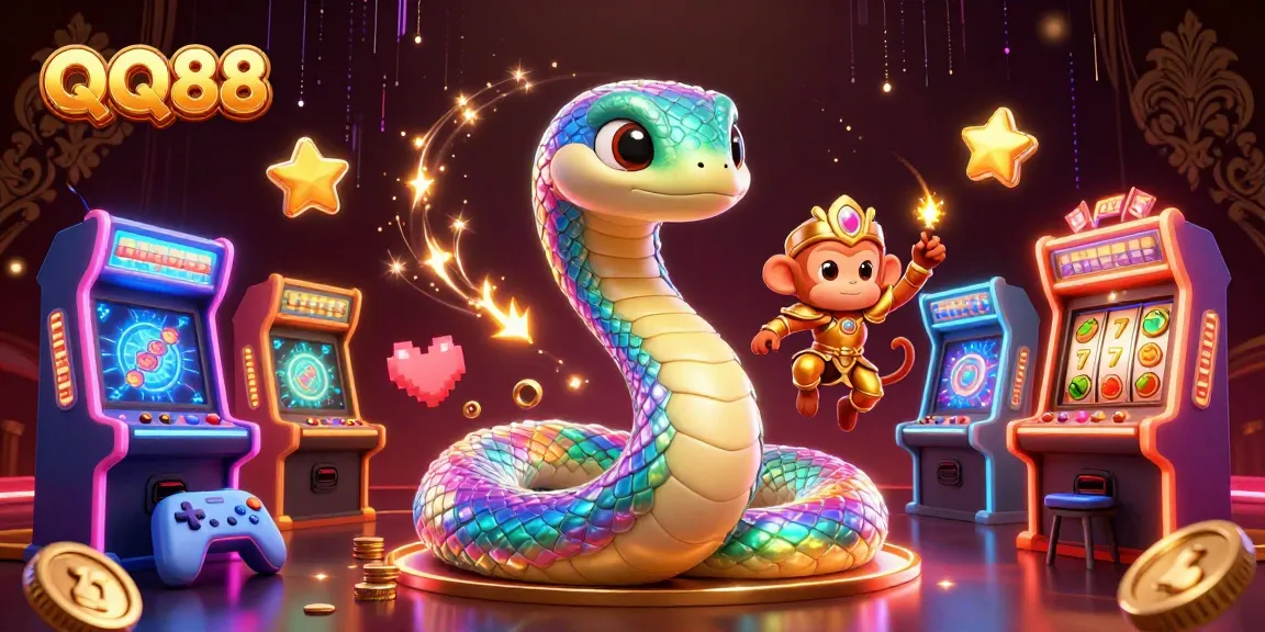 Experience the excitement of QQ88 with a vibrant illustration featuring a rainbow serpent and arcade games.