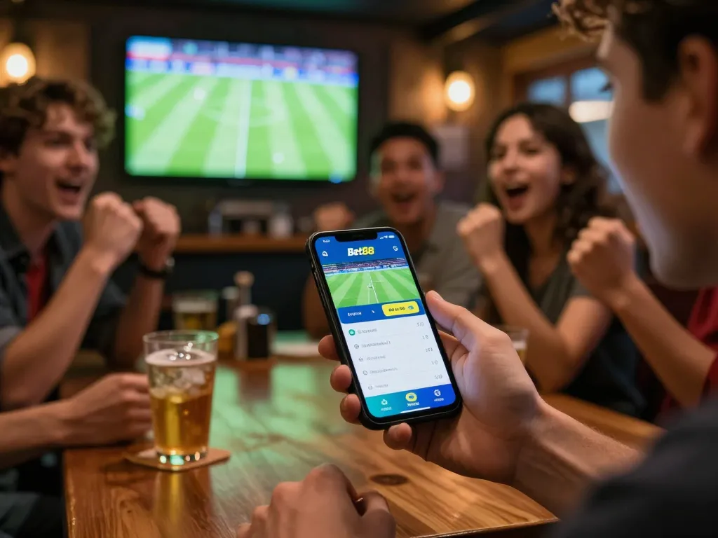 Action-packed scene featuring Thương hiệu Bet88 in a sports bar during a live game with friends placing bets.