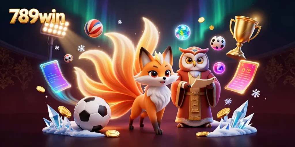 Engage with exciting 789win sports betting illustrated by a vibrant scene of a nine-tailed fox and owl.