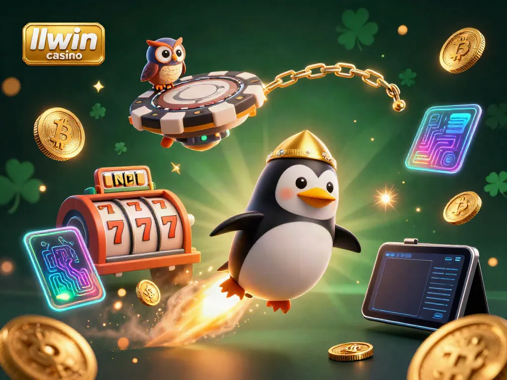 Experience the thrill of llwin casino with a golden penguin and vibrant slot games in a cosmic casino setting.