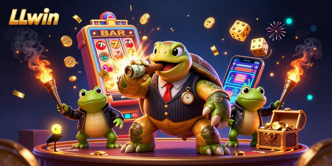 Experience LLwin excitement with a rich casino scene featuring a snapping turtle in mobster attire amidst vibrant gambling elements.