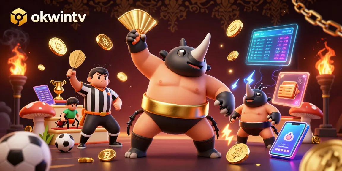 Experience live sports betting action with okwintv's thrilling colorful illustration featuring vibrant characters and dynamic elements.