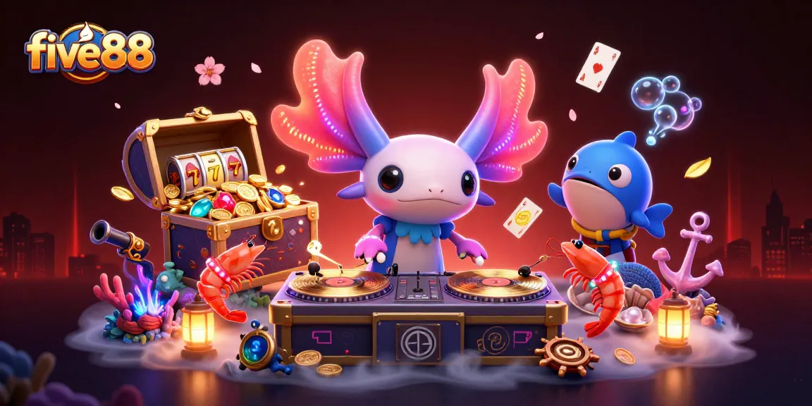 Experience the vibrant action as five88 players spin reels with thrilling slot elements in an underwater party scene.