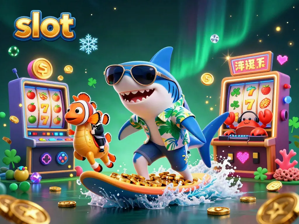 Experience thrilling slot gaming with a vibrant 3D scene of a shark, clownfish, and crab among casino elements.