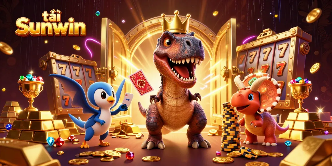 Engage in thrilling gameplay with tải Sunwin, featuring a T-Rex shuffling cards while treasures surround them.