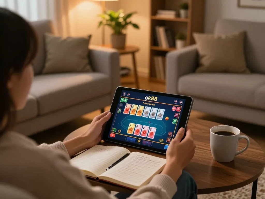 Engaging online gaming session at gk88 with person playing casino poker on tablet.