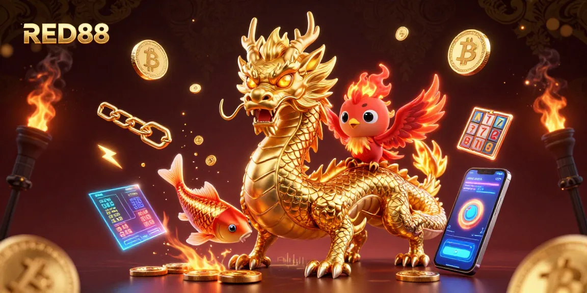 Experience thrilling gameplay with RED88, featuring a dragon, phoenix, and koi amidst crypto elements.