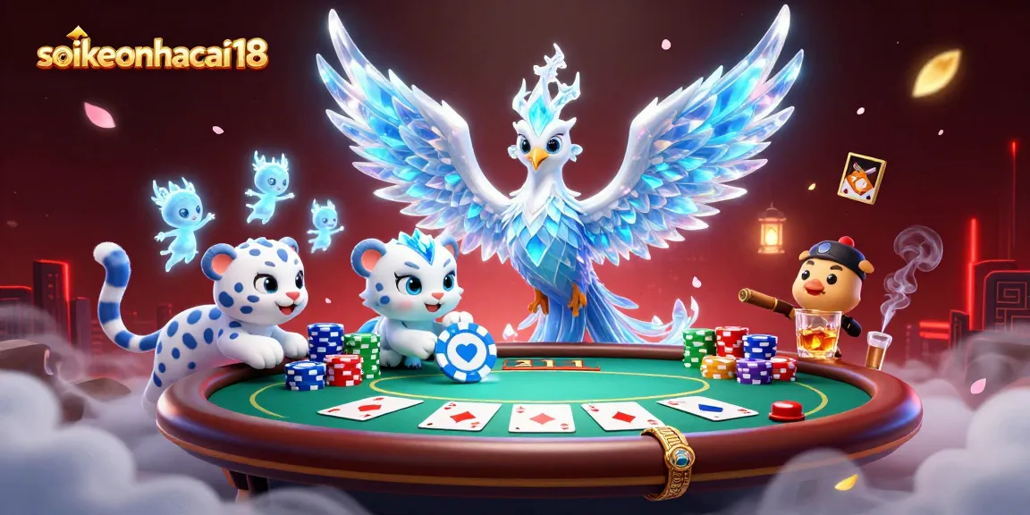 Place bets strategically with soikeonhacai18's dynamic poker scene featuring vibrant characters and elements.