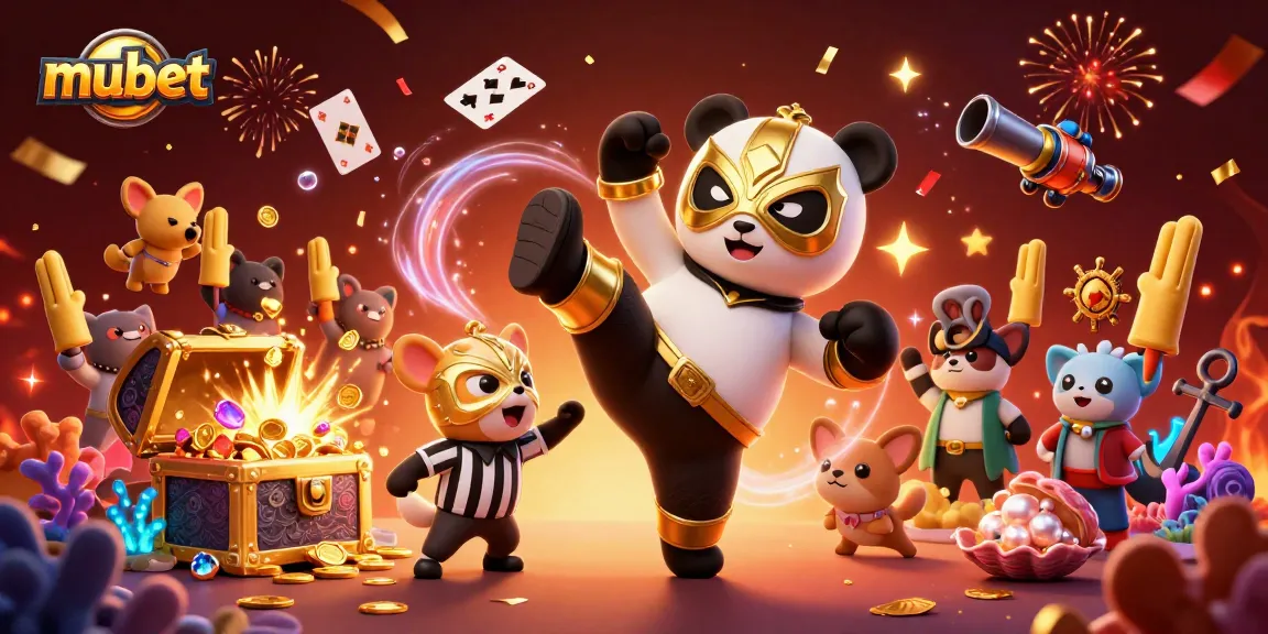 Experience thrilling moments with mubet as a panda wrestler kicks high while animals cheer in a vibrant casino scene.