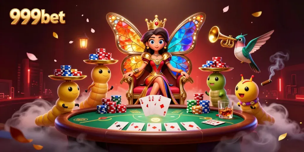 Experience thrilling gameplay with 999bet, featuring a colorful 3D butterfly queen amidst vibrant poker elements.