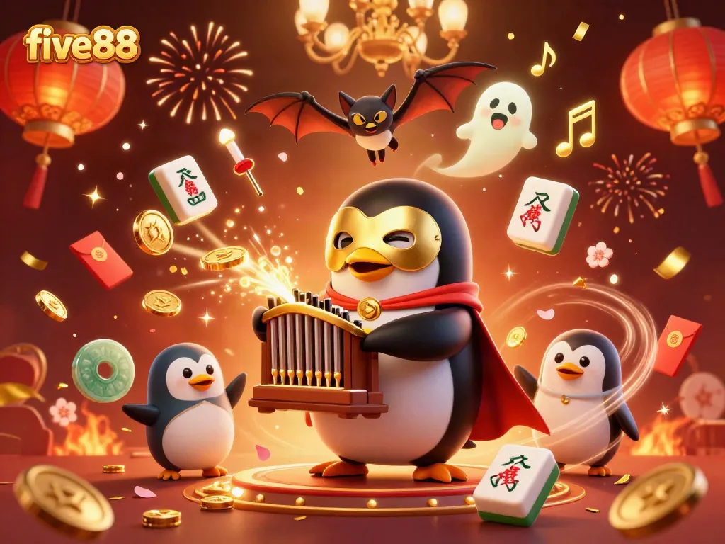 Experience five88 casino magic with a whimsical penguin playing the organ surrounded by festive decorations.