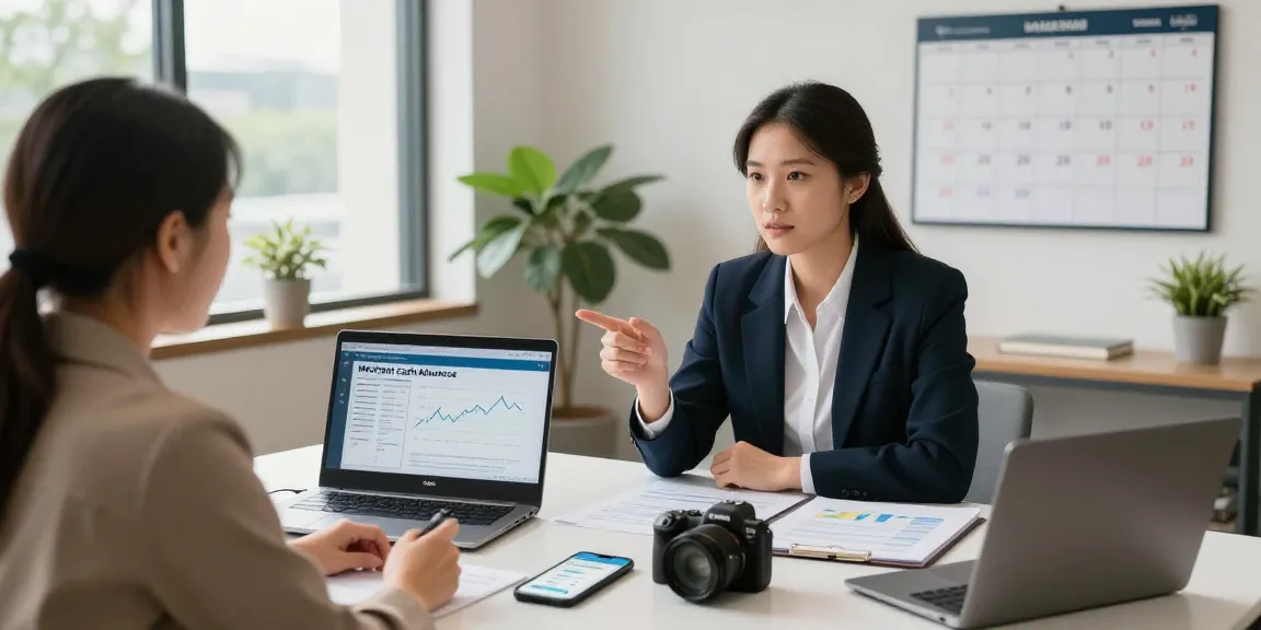uk merchant cash advance consultation in a professional finance office with advisor and small business owner discussing funding options.