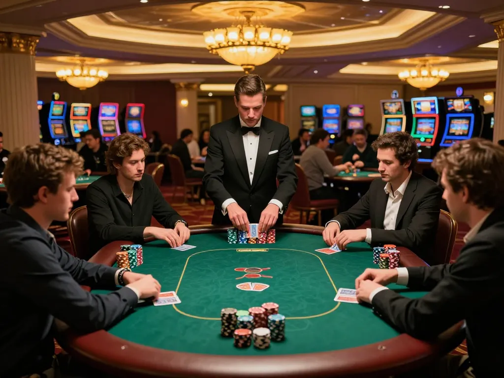 Players enjoy intense poker action at sunwin tables amidst vibrant casino ambiance