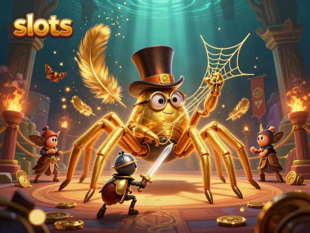 Experience thrilling slots action with a vibrant 3D illustration featuring golden tarantulas, beetles, and coins.