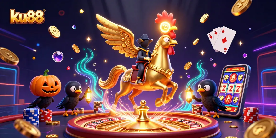 ku88 brings luck and thrill with a golden rooster riding through a vibrant casino scene.